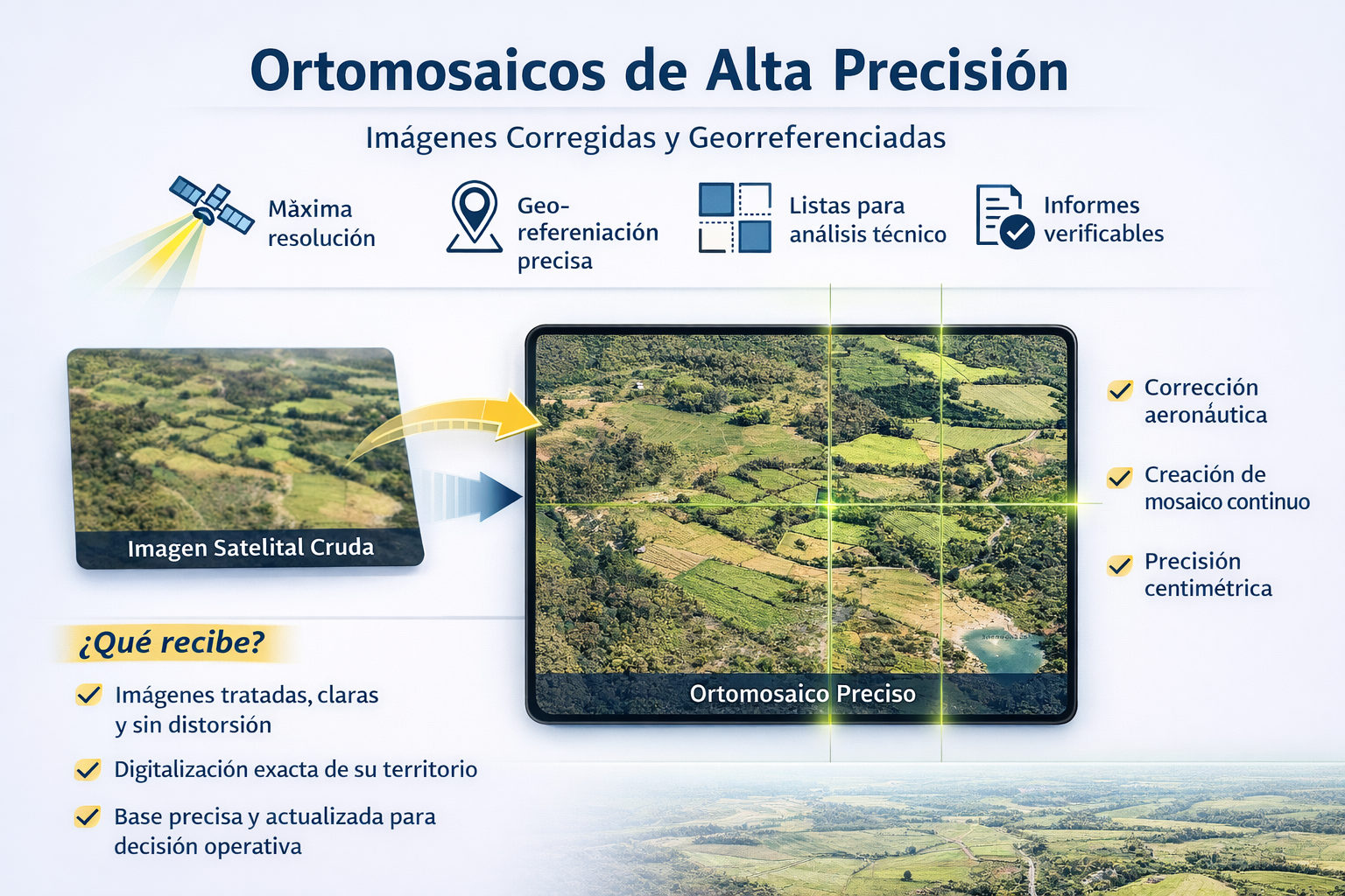 Orto mosaico de alta precisión generado a partir de imágenes satelitales o drones para análisis del territorio