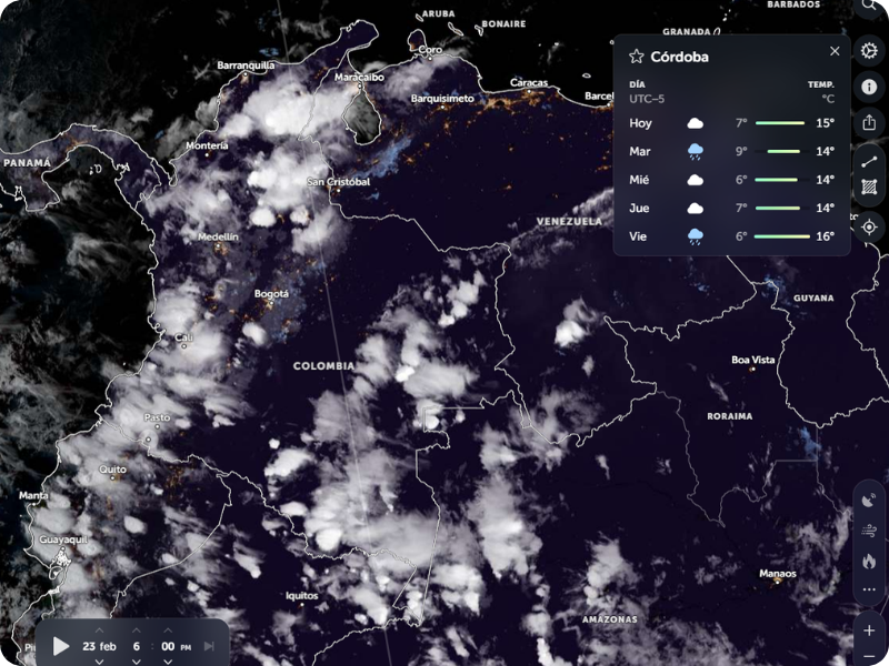 Imagen satelital que muestra zonas de precipitaciones climáticas utilizadas para el monitoreo meteorológico y análisis del clima